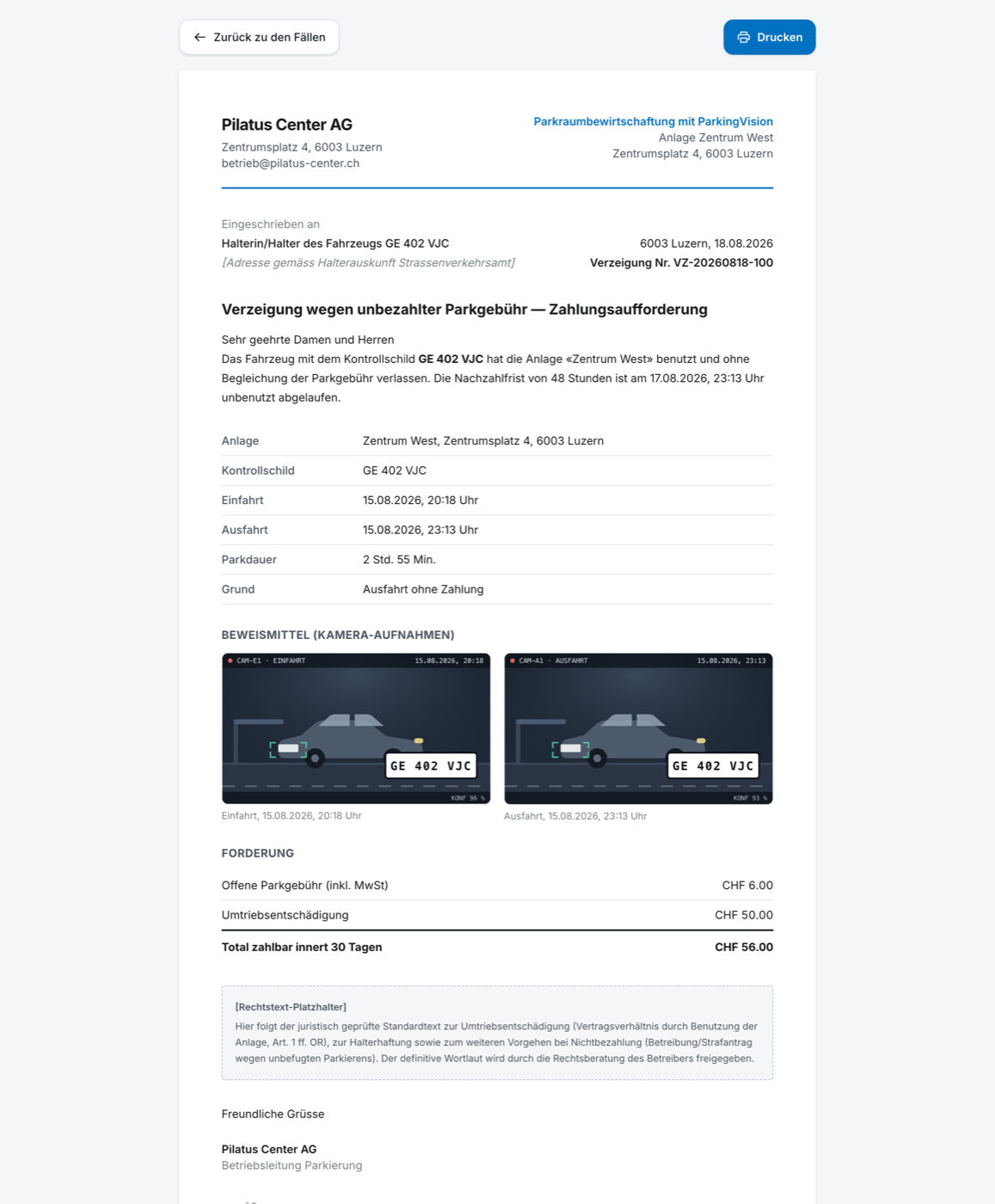 Verzeigungs-Schreiben mit Beweisbildern, Forderung und QR-Einzahlungsteil